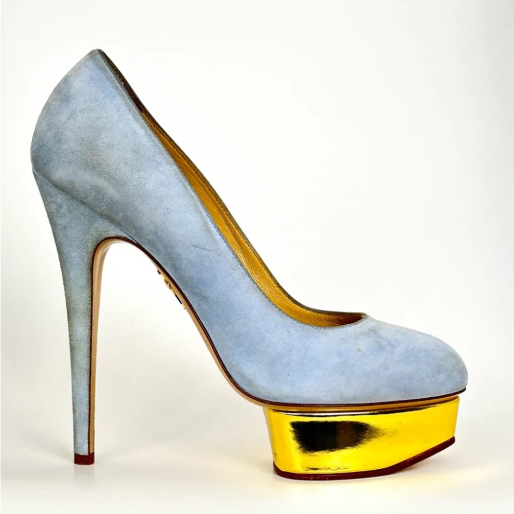 Charlotte Olympia Light Blue and Gold Platform Heels